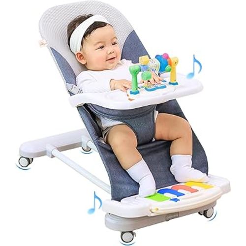 CuddoBaby Baby Bouncer 4-in-1 with Wheels, Detachable Piano, Feeding Tray, Play Bar, Thick Base. 3-Level Incline Portable Seat for Infant to Toddler 0-6, 0-12, 12-24 Months, Upto 29Lbs. Unisex - Blue