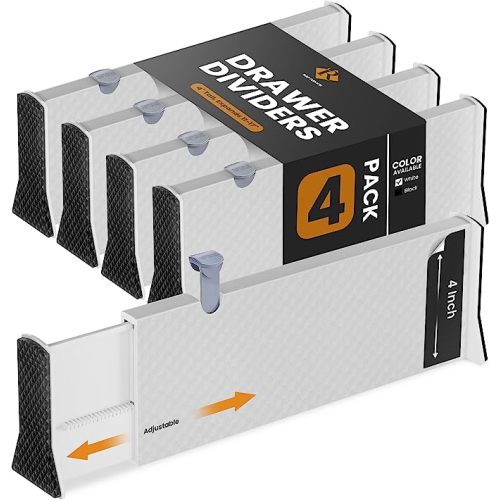 RAPTUROUS Adjustable Drawer Dividers 4 Pack, 4” High, 11-17” Long, Dresser Drawer Divider for Bedroom, Closet, Kitchen, Nursery Organization, Office, Strong & Sturdy Hold, Soft Foam Edges(White) - 4 Pack - White - 4" Tall, 11"- 17" Long