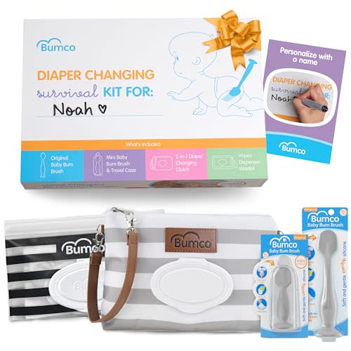 Bumco Baby Essentials Set - Personalized Diaper-Changing Baby Gift Set, Gender Neutral Baby Gift with 2 Baby Bum Brushes (Original & Mini) + Diaper Clutch Bag + Wipes Wristlet, Newborn Gift Set