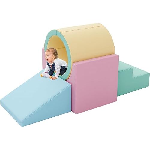 Tunnel/Ramps Foam Climber, Climb & Crawl Foam Activity Play Set for Toddlers and Kids, Safe Indoor Crawling Gym Equipment for,Infant,Baby Waterproof Easy to Clean (Pink)