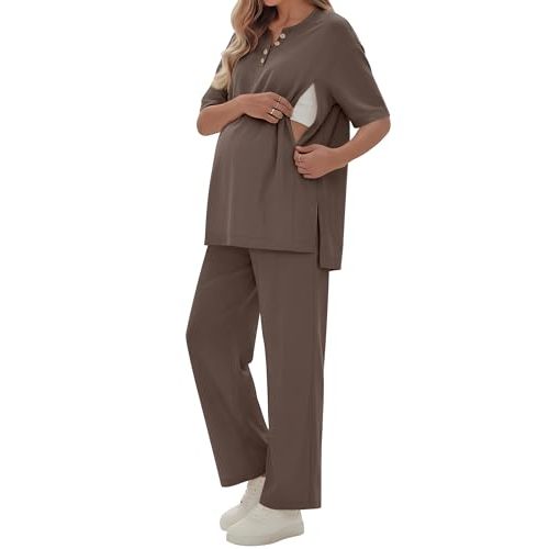 2 Piece Maternity Nursing Set Postpartum Breastfeeding Short Sleeve Zipper Shirts Wide Leg Pants Pregnancy Clothes