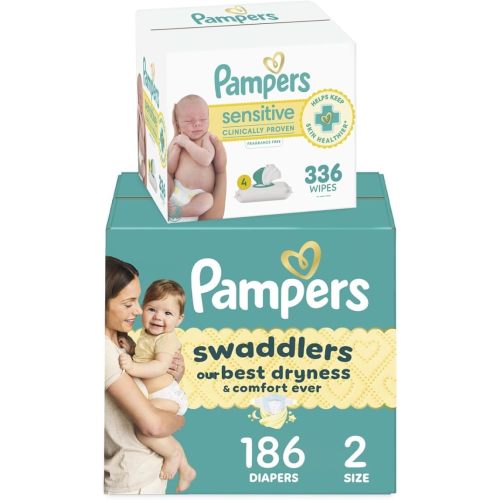 Pampers Diapers Size 2, 186 Count and Baby Wipes-Swaddlers Disposable Baby Diapers, with Sensitive Water-Based Baby Wipes, 6 Pop-Top Packs, 336 Count