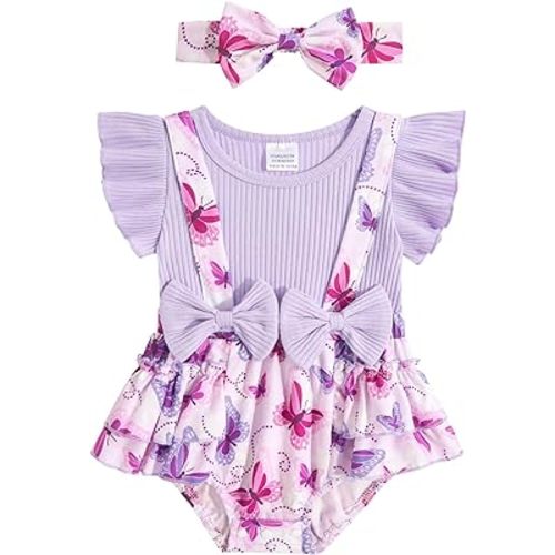 UNICOMIDEA Baby Girls Clothes 0-18 Months Bodysuit Ruffle Sleeve Newborn Outfit Romper With Headband