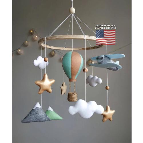 Travel nursery mobile. Adventure baby room decor. Baby boy girl crib mobile. Airplane, hot air balloon, mountain cot mobile. Musical mobile.