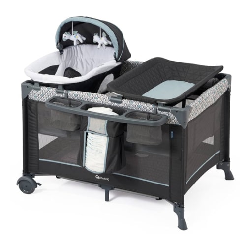 5 in 1 Multifunctional Pack and Play,Qutanix Foldable Baby Crib with Bassinets,Changing Table,Newborn Napper with Canopy,Diaper Stacker,Baby Playpen for Babies and Toddlers