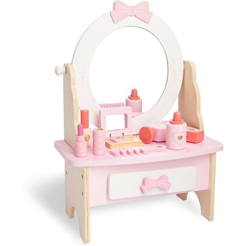 Wooden Vanity Set for Kids, Pretend Play Toddler Makeup Vanity Table Toys with 360° Rotatable Mirror, Beauty Salon Set Includes Makeup Accessories, Little Girls Gift Age 3+ (White)