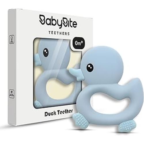 [BabyBite] Baby Teething Toys Cute Duck Teether for Sensory and Developmental Play for Baby and Toddler 100% BPA Free Food Grade Silicone (Blue)
