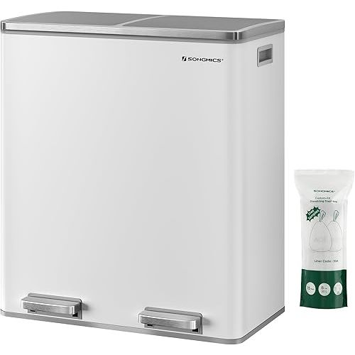 SONGMICS Trash Can, 2 x 8 Gallon (2 x 30 L) Garbage Can for Kitchen, with 15 Trash Bags, 2 Compartments, Plastic Inner Buckets and Hinged Lids, Airtight, White and Gray ULTB60WT