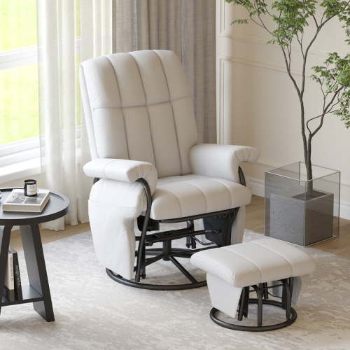 LAZZO Swivel Glider Recliner with Ottoman – 360° Rocking Chair, Footrest & Side Pockets – Living Room, Bedroom, Office Recliner Chair, White