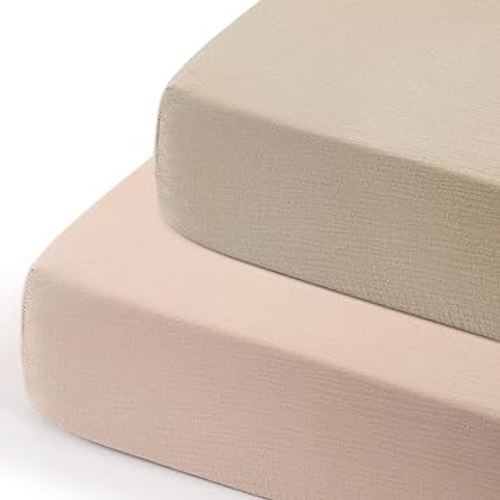 GRSSDER Soft Muslin Crib Sheet 2 Pack, 100% Cotton Crib Sheets for Boys and Girls, Fit Standard Crib Mattresses 52" x 28" Safe and Snug, Natural/Taupe