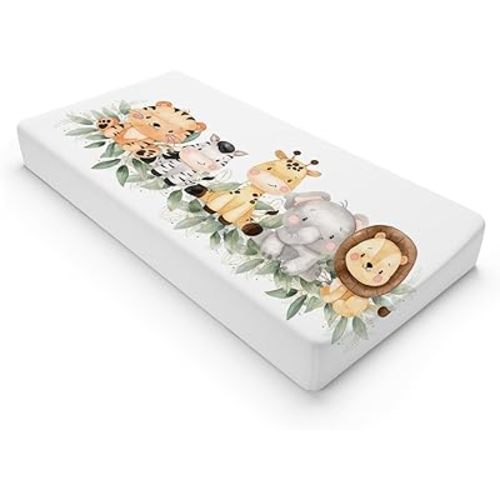 HawSkgFub Safari Jungle Baby Animal Leaf Changing Pad Cover, Natural Elephant Giraffe Zebra Lion Tiger Diaper Change Table Covers, Soft Stretchy Safe Snug Fitted Changing Mat Sheets Fit 32"/34" x 16"