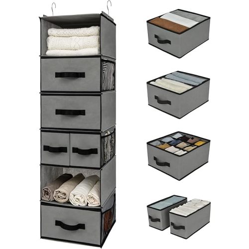 GRANNY SAYS Hanging Closet Organizer 6 Shelves, Closet Organization and Storage with 5 Different Drawers, 6 Side Pockets Wardrobe Clothes Organizer for Closet, Gray, 1-Pack