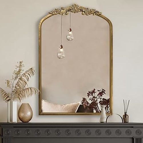 PERFNIQUE Vintage Mirror, 36" X 24" Arched Antique Baroque Wall Mirror, Gold Traditional Mirror, Bronze Ornate Mirror Anthro Look Alike Mirror for Bathroom Living Room Fireplace Entryway Hallway