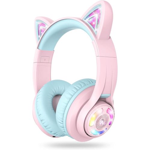 iClever Cat Ear Kids Bluetooth Headphones, LED Lights Up, 74/85dBA Safe Volume Limited, 50H Playtime,Bluetooth 5.2, USB C, Kids Headphones Wireless for Travel iPad Tablet, Meow Macaron Pink