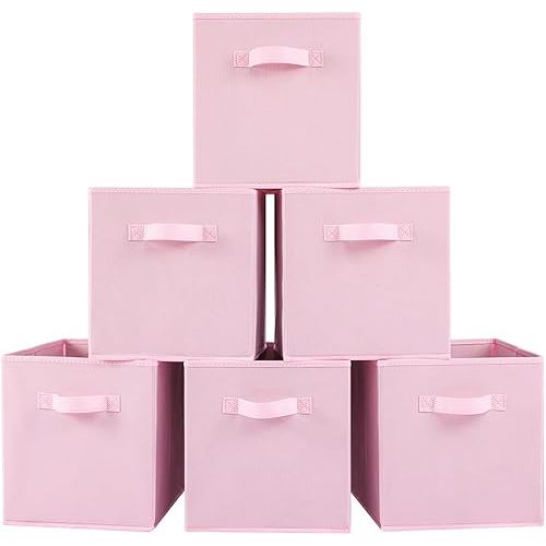 Stero Fabric Storage Bins 6 Pack Fun Colored Durable Storage Cubes with Handles Foldable Cube Baskets for Home, Kids Room, Closet and Toys Organization pink