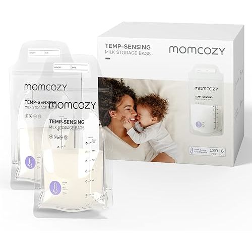 Momcozy Breastmilk Storage Bags 120PCS, Temp-Sensing Discoloration Milk Storing Bags for Breastfeeding, Disposable Milk Storage Bag with 6 Ounce Self Standing, No-Leak Milk Freezer Storage Pouches