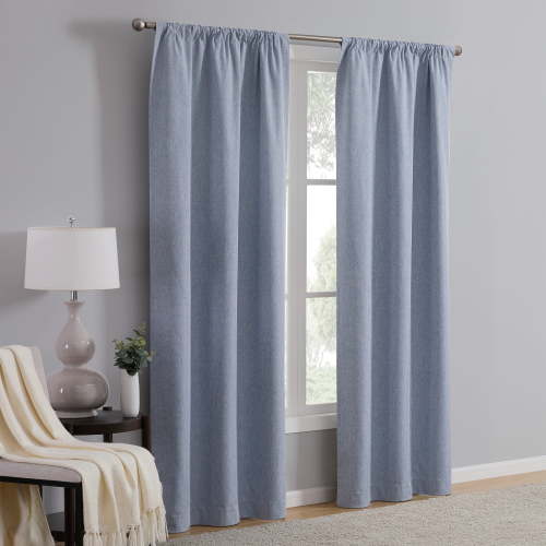 Mainstays Iris Linen Look 100% Blackout Curtain Panel Pair, Set of 2 Room Darkening Drapes for Bedroom, Blue, 37"W x 95"L