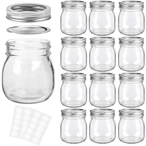 KAMOTA Mason Jars 10 oz With Regular Lids and Bands, Ideal for Jam, Honey, Wedding Favors, Shower Favors,DIY Spice Jars, 12 PACK, 20 Whiteboard Labels Included