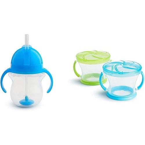 Munchkin Any Angle Click Lock Weighted Straw Trainer Cup, 7 Oz, 1 Pack, Blue & Snack Catcher, 2 Pack, Blue/Green