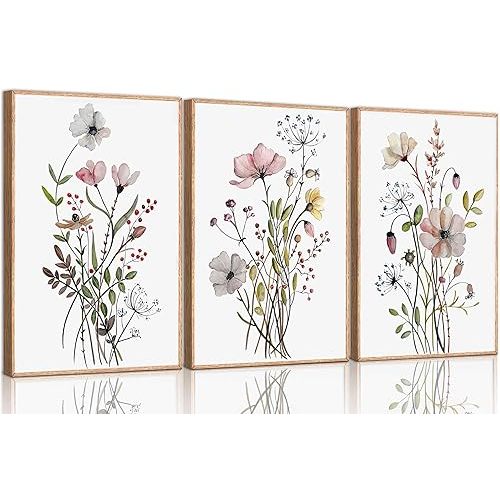 3Pcs Watercolor Wildflower Canvas Wall Art Modern Minimalist Colorful Botanical Floral Painting Pictures Wall Decor Flower Posters Print Artwork for Living Room Bedroom Home Decoration Unframed