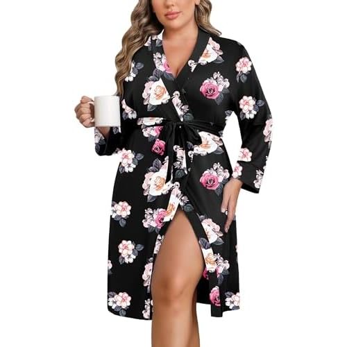 Ekouaer Women Plus Size Robe Knee Length Lightweight Bathrobe Short Kimono Robes with Pockets Maternity Robe 1X-5X