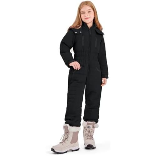 Haloumoning Kids Snow Suit Girls Hooded Waterproof Insulated One Piece Ski Suit 5-14 Years