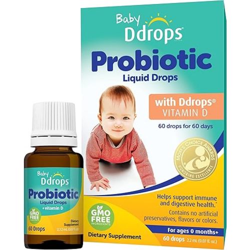Ddrops Baby Probiotic with Vitamin D, 60 Drops - Colic Symptom Relief for Newborns and Infants - Easy-to-Use, Just One Drop Daily, No Sugar, Non-GMO, Allergy-friendy