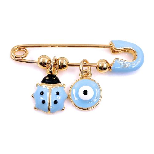 LESLIE BOULES 18K Gold Plated Brooch Pin for Baby Blue Ligth Evil Eye & Tiny LadyBug Pendants Protection Jewelry