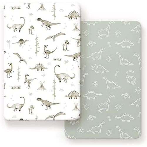GRSSDER Pack n Play Sheets Fitted 2 Pack, Stretchy Ultra Soft Pack and Play Sheets, Universal Fitted Portable/Mini Crib Mattresses Snug and Safe, Jersey Crib Sheets for Boys, Dinosaurs