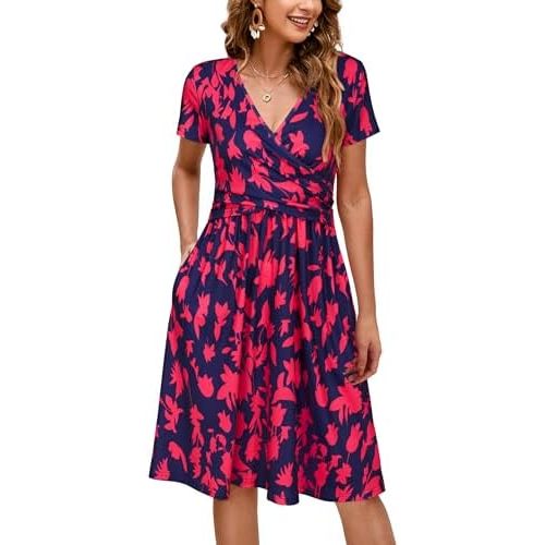 OUGES Women's 2025 Fashion V Neck Midi Dress with Pockets Maternity Clothes Nursing Dresses