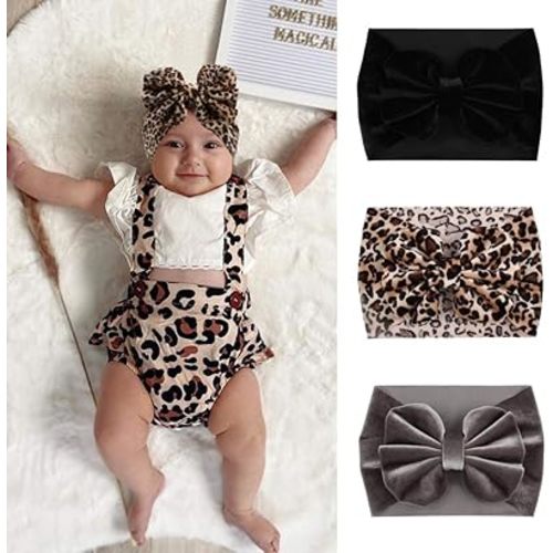 YanJie Leopard Baby Girl Hair Bow Headbands Soft Velvet Baby Bows Newborn Handmade Hair Hairbands Accessories Wide Headwraps for Toddler Kids Infant Photography Prop Gray Black