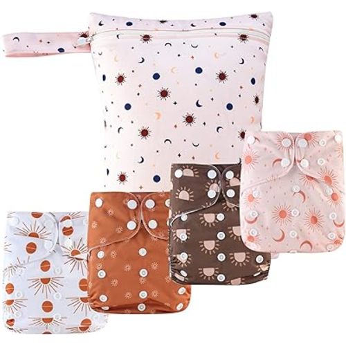 9 Sets Newborn Baby Cloth Pocket Diapers One Size Adjustable Reusable Washable for Baby Boys and Girls(6-33 pounds,0-3 Years),One Wet Bag+4Diapers and 4Inserts