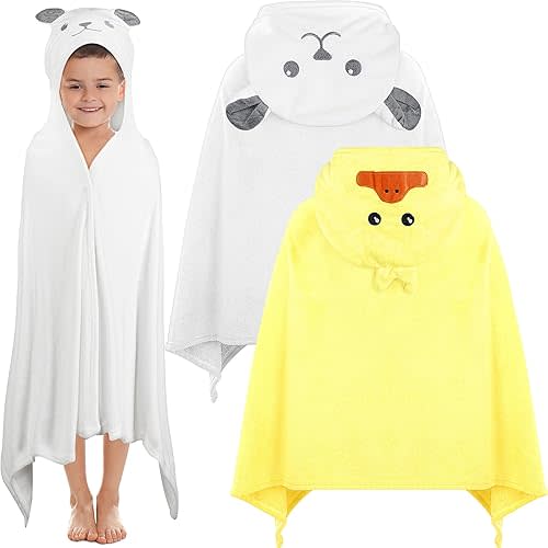 Preboun 2 Pcs Kid Hooded Bath Towel Toddler Towel 27.5 x 55'' Large Hooded Towel for Kids 3-10 Yrs Wrap Bathrobe Boy Girl(White, Yellow,Bear, Duck)
