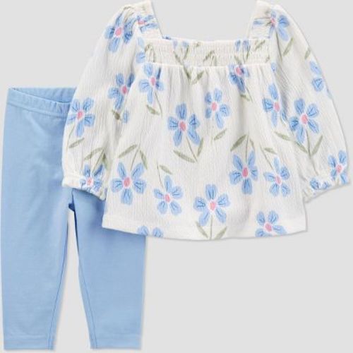 Carter's Just One You®️ Baby Girls' Floral Printed Solid Top & Pants Set - Blue Newborn
