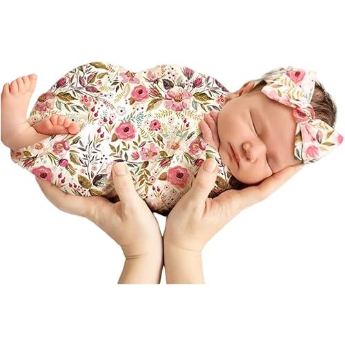 Receiving Blankets for Baby Girls Swaddle Blanket with Headband Set for 0-3 Month Cotton Knitted Newborn Swaddle Wrap Perfect Shower Gift (Pink Flower)