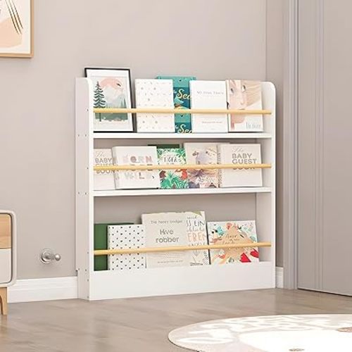 Behind The Door Bookshelf, Wooden Behind Door Bookshelf 3-Tier, Space-Saving Kids Bookcase Book Shelf Organizer Storage for Toys and Books
