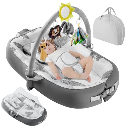 Portable Baby Lounger for Travel with 5 Toys,Breathable & Comfortable 100% Cotton Infant Lounger, Baby Nest with Fitness Rack,Machine-Washable Newborn Lounger,Newborn Essentials (Gray)