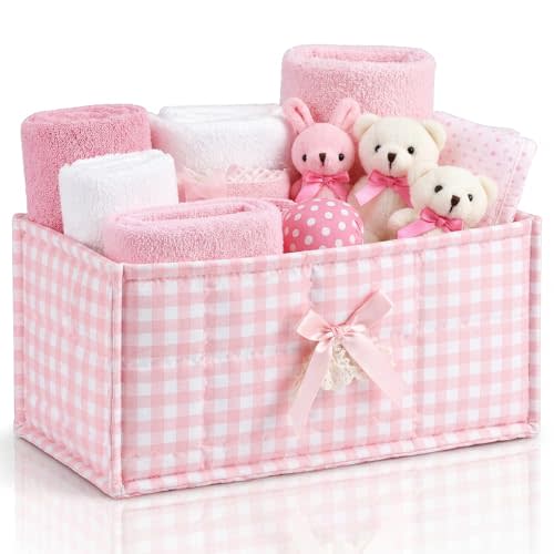 Havawish Small Quilted Fabric Storage Basket Collapsible Fabric Organizer Bin with Cute Bow Foldable Pink Gingham Desktop Storage Box for Vanity Bedroom Office, 5.7 x 11.6 Inch