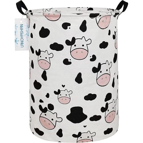 LANGYASHAN Storage Bin, Canvas Fabric Collapsible Organizer Basket for Laundry Hamper,Toy Bins,Gift Baskets, Bedroom, Clothes,Baby Nursery (Spotted Cow)