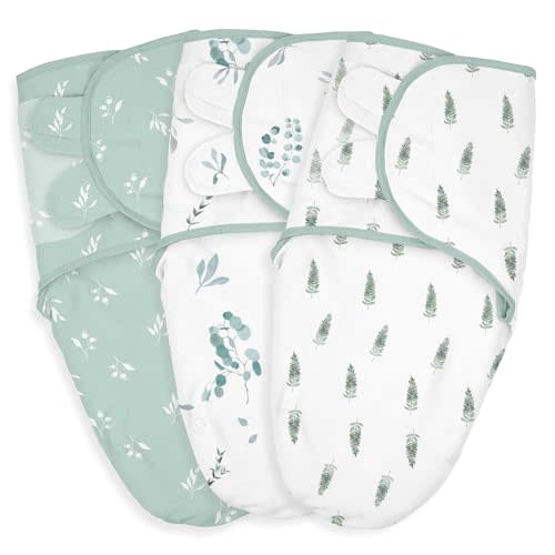 Baby Swaddle Sacks, 3-Pack Newborn Organic Cotton Swaddle Wrap, Adjustable Swaddling Blankets, Nursery Swaddling Essentials for Newborn 0-3 Months, Infant Shower Items Gift (Leaves & Trees)