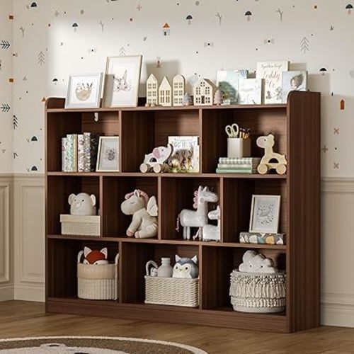 Brown Bookshelf, Wood Bookcase with 3 Tier Open Shelves, 10-Cube Minimalist Storage Shelf for Living Room, Bedroom, 43.3" W x 35.4" H