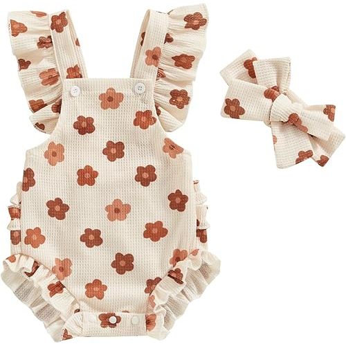 ZAXARRA Little Baby Girls 2Pcs Summer Outfits Fly Sleeve Flower Print Bodysuit with Headband Newborn Clothes
