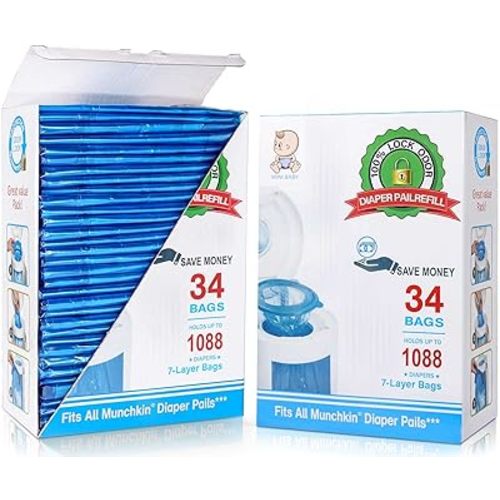 Diaper Pail Refill Bags 34 Bags 1088 Counts Compatible with Arm&Hammer Disposal System, 100% Lock Odor, Seal and Toss Diaper Pail Refills