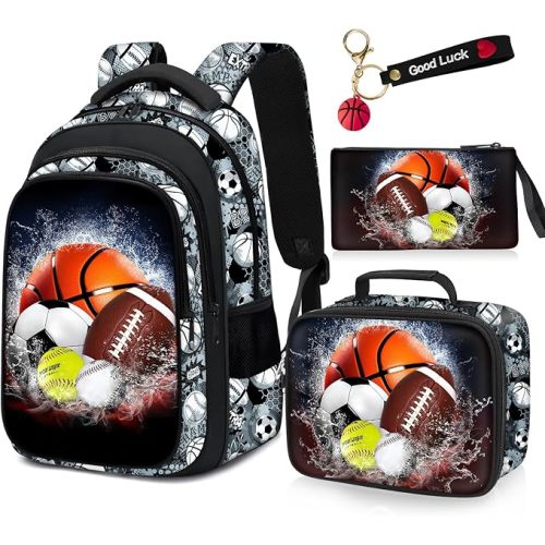 School Backpack for Boys - 4pcs Sports Boys Backpack with Lunch Box Set for Kids Children Teens Elementary Middle School - 17″ Sport Bookbag Travel Back Pack for Age 6-18