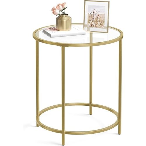 VASAGLE Round Side Table, Glass End Table with Metal Frame, Gold Coffee Table with Modern Style, for Living Room, Balcony, Bedroom, Gold Color