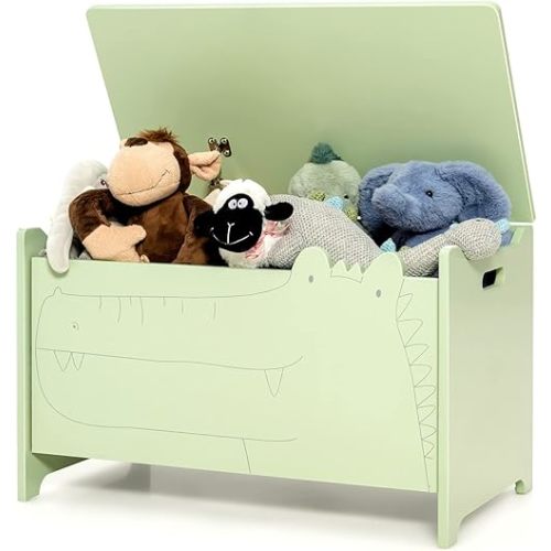 Costzon Wooden Toy Box, Kids Large Trunk Chest with Safety Hinge & Handles, Flip-Top Storage Organizer for Children’s Playroom Bedroom Living Room Entryway (Green)