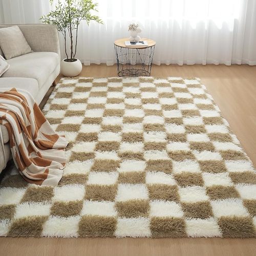 Checkered Area Rugs for Bedroom 5x8, Fluffy Beige and White Checkered Rug Fuzzy Shag Shaggy Carpets for Living Room, Soft Plush Furry Rug for Boy Girls Room Dorm Home Decor