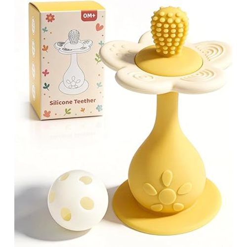 Baby Silicone Flower Teether & Rattle Toys for Babies 0-24 Months, Nipple-Shaped End for Sucking Needs - 360° Toothbrush Teether Head for Sore Gums, Stand-up Base, Flower Texture, Easy to Grip -Yellow