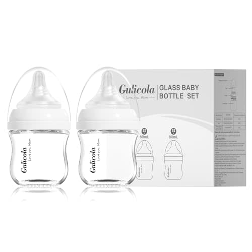 Gulicola Small Glass Baby Bottle for Newborn Breastfeeding Babies, Preemie & Extra Slow Flow Nipples (SS), Anti-Colic, Breast-Like, 0 Months+, 3 oz, 2 Pack - White