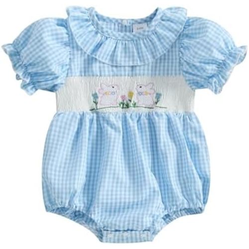 Aopwsrlyi Newborn Baby Girl Easter Outfit Cute Bunny Embroidery Smocked Bubble Romper Ruffle Sleeve Plaid Bodysuit